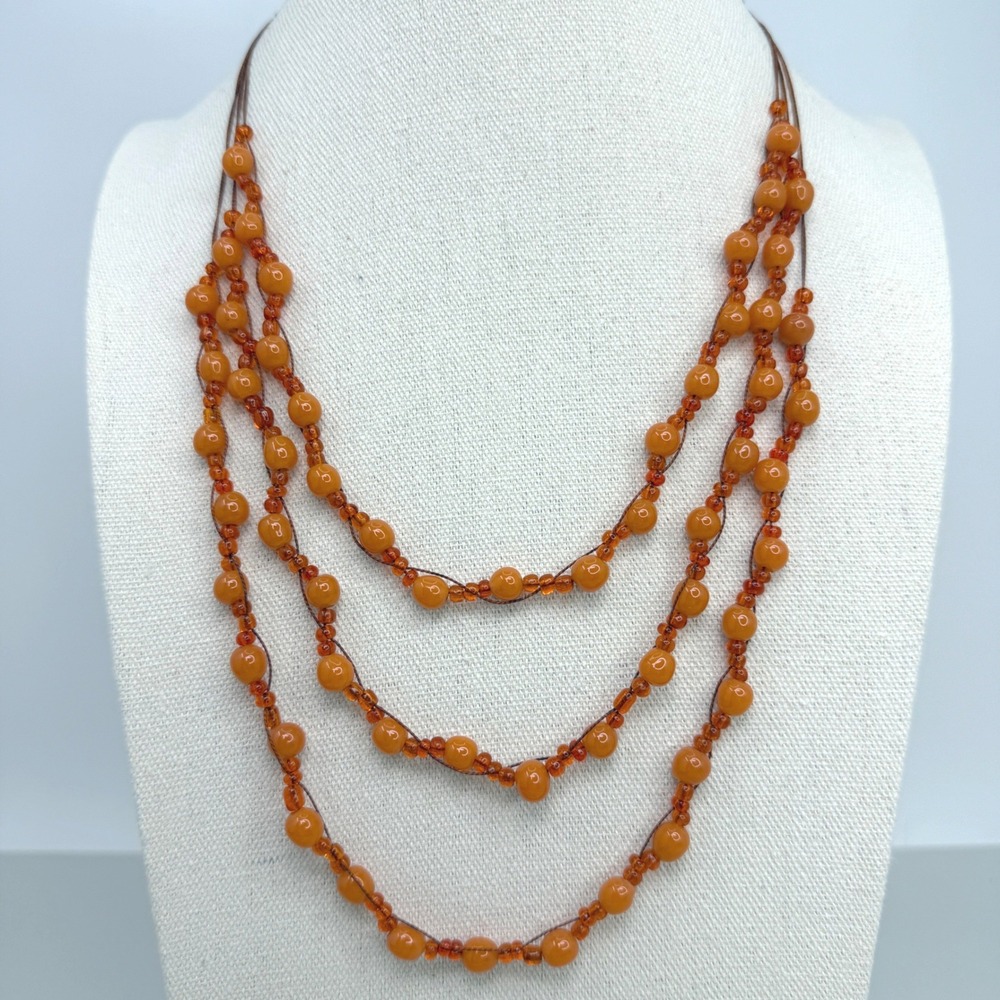 Orange Multi-Strand Beaded Layered Necklace Boho Button Closure Statement Piece